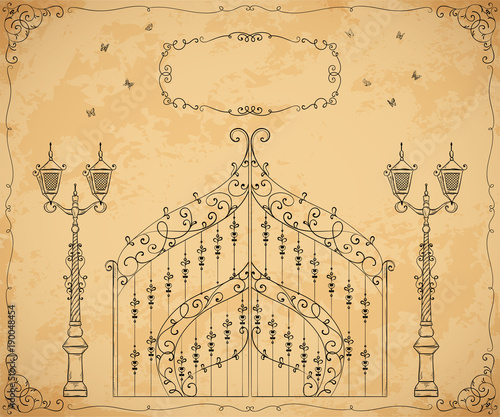 Vintage forged gate, lantern and frame with floral ornament. Isolated objects on aged paper background. Hand drawn vector illustration