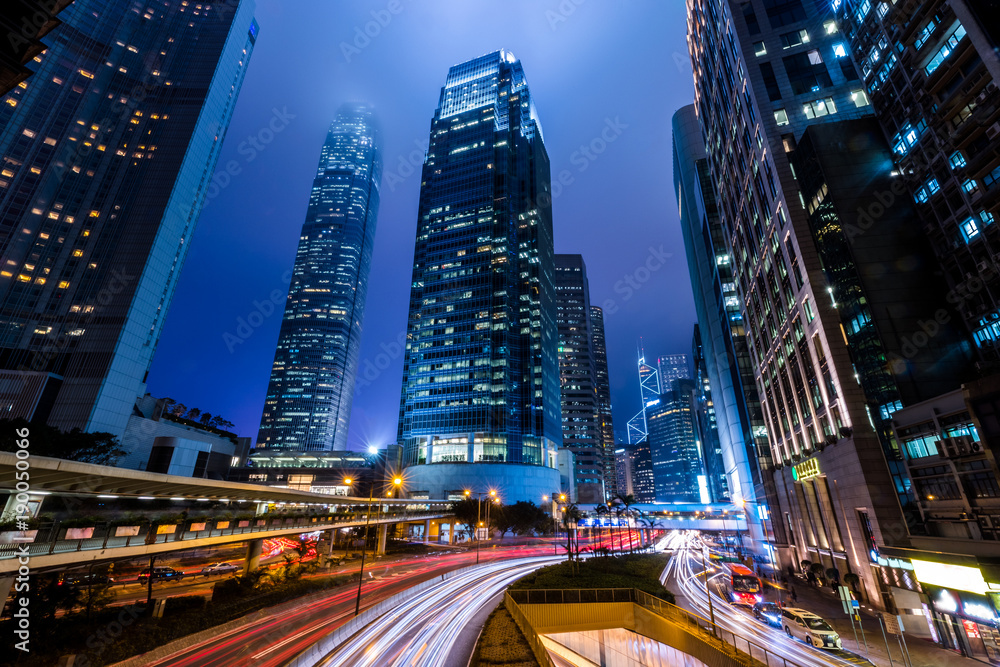 Hong Kong Central Business District at Night with Light Track Hong Kong Central Business District at Night with Light Track