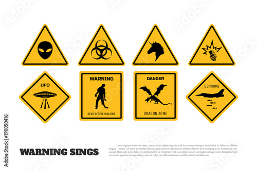 Comic fantasy yellow warning signs. Set of danger stickers and icons