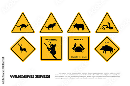 Animals yellow warning signs. Set of danger stickers and icons