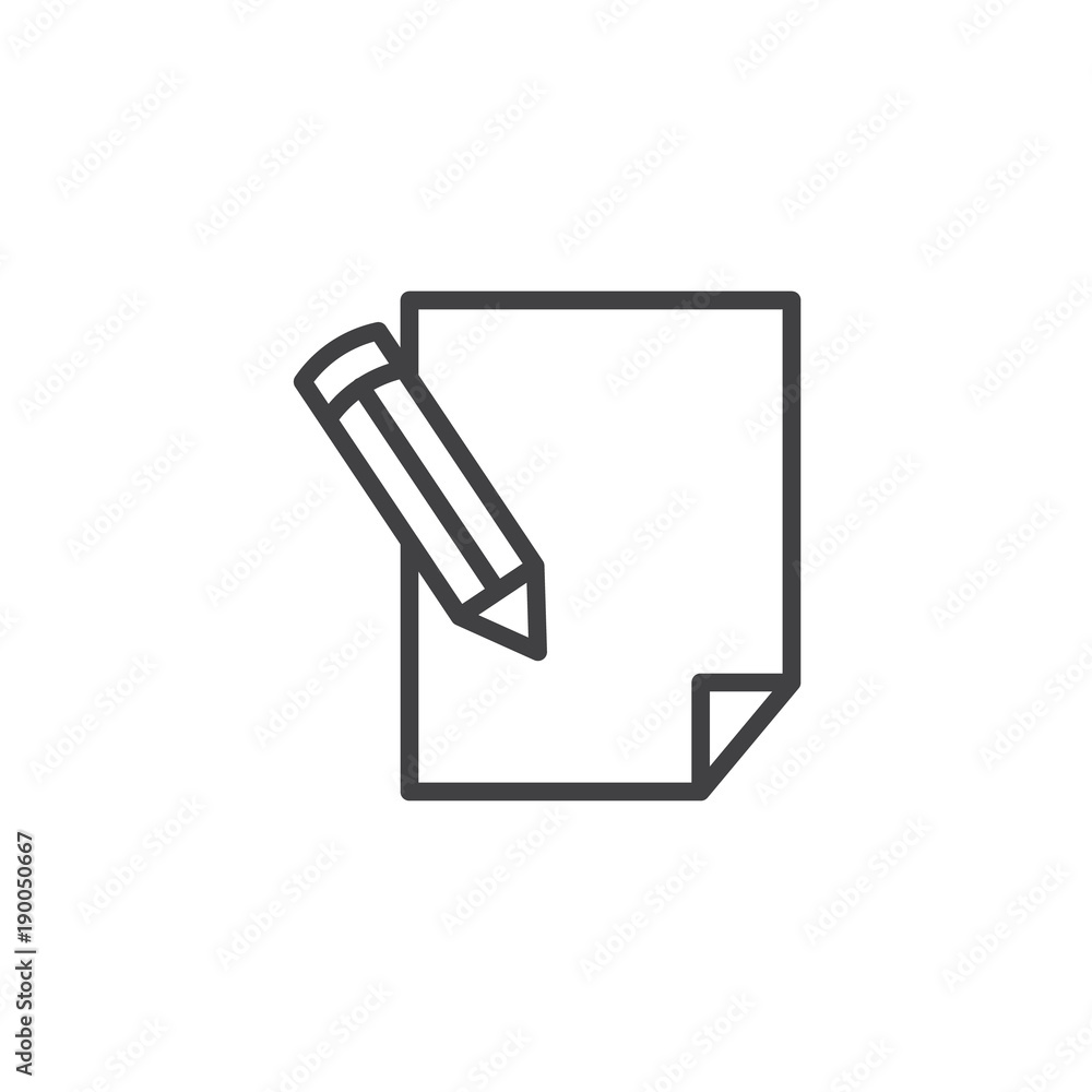 Pencil writing on paper sheet line icon, outline vector sign, linear style pictogram isolated on white. Write, sign symbol, logo illustration. Editable stroke Pencil writing on paper sheet line icon, outline vector sign, linear style pictogram isolated on white. Write, sign symbol, logo illustration. Editable stroke
