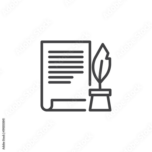 Ink feather pen and scroll paper line icon, outline vector sign, linear style pictogram isolated on white. Write will testament symbol, logo illustration. Editable stroke
