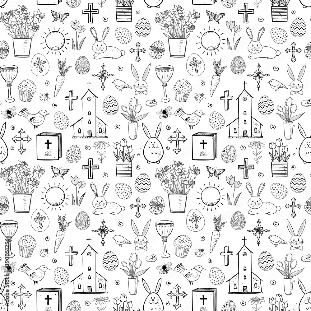Seamless pattern with easter doodle sketches on white background