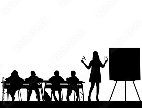 Young sexy school teacher teaches letters to the students or offers them a choice silhouette, one in the series of similar images