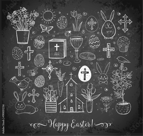 Set of easter doodles on blackboard background. Vector illustration.