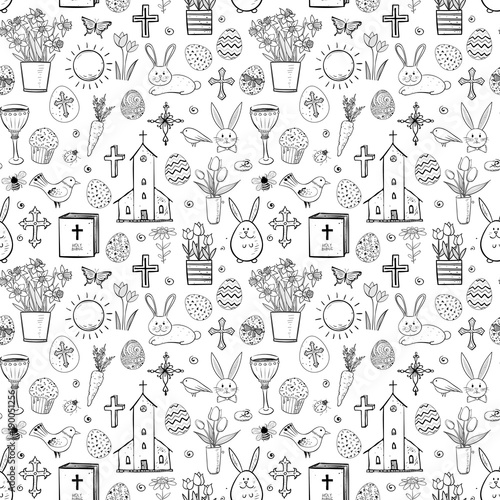 Seamless pattern with easter doodle sketches on white background