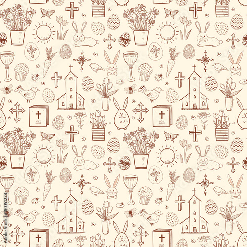 Seamless pattern with easter doodle sketches in vintage style