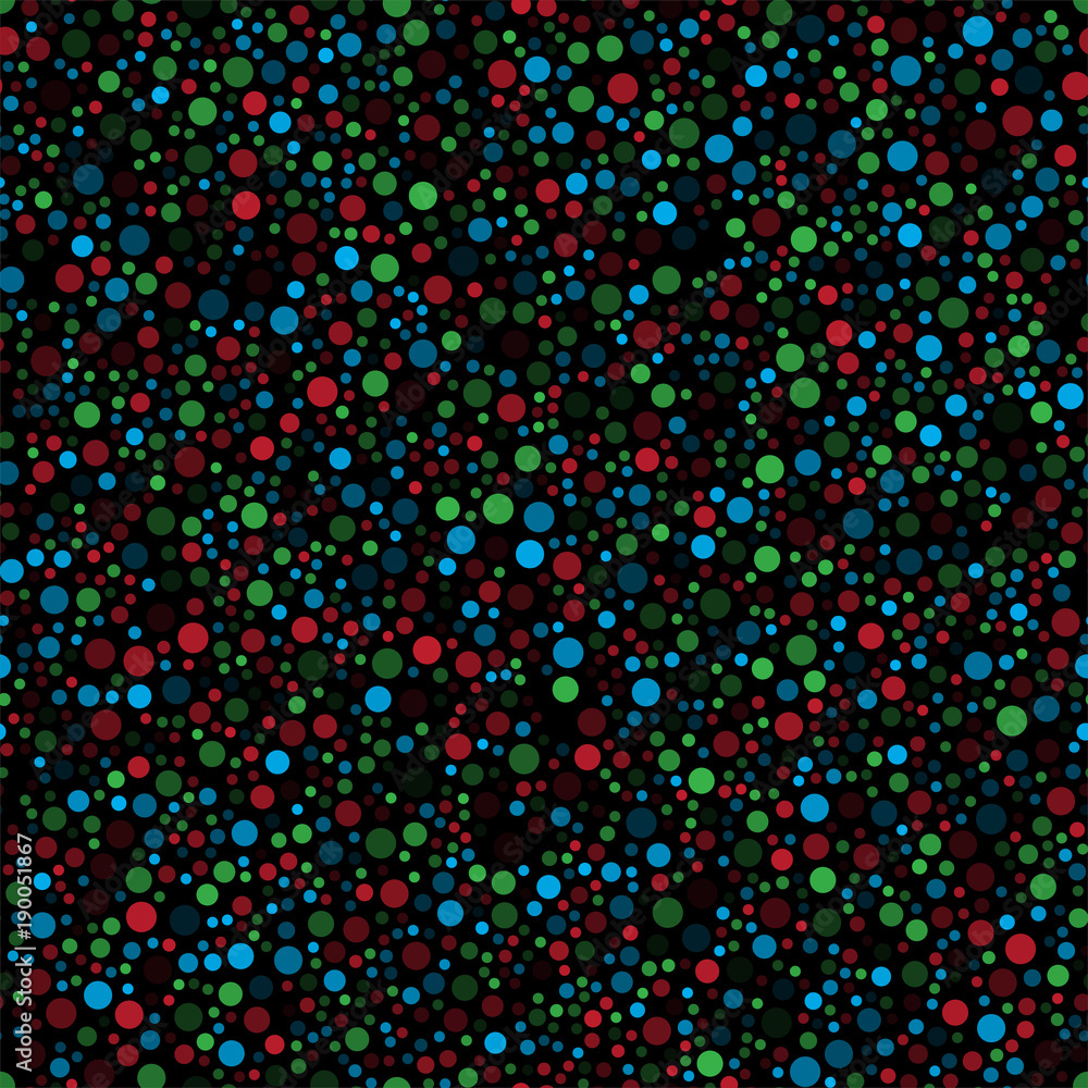 Seamless pattern with colorul dots on black background. Vector.