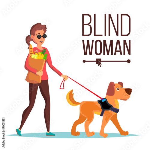 Blind Woman Vector. Person With Pet Dog Companion. Blind Female In Dark Glasses And Guide Dog Walking. Isolated Cartoon Character Illustration