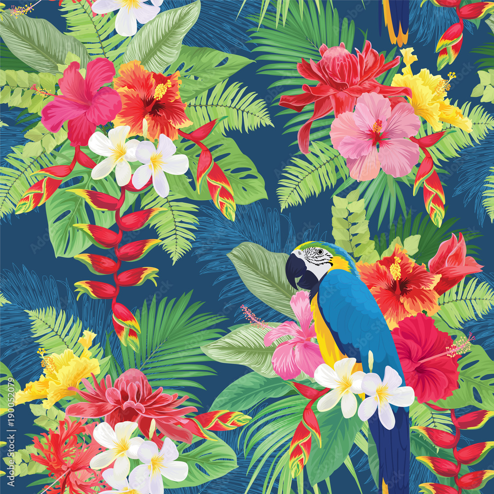 Obraz premium Beautiful seamless pattern with hibiscus flowers and macaw on dark blue background. Vector set of blooming tropical floral for wedding invitations, greeting card and fashion design.