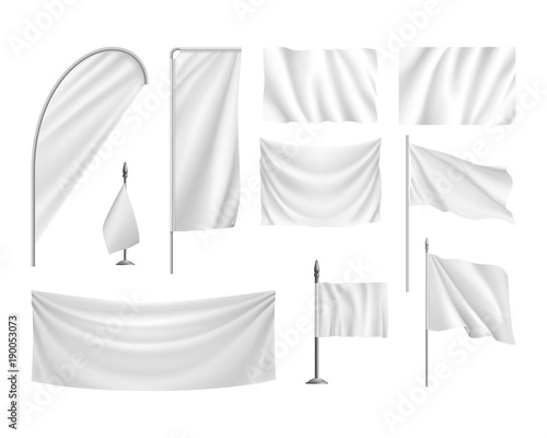 Set white flags, banners, streamers, template, isolated on white background. Vector illustration of an original mockup, collection of empty panels