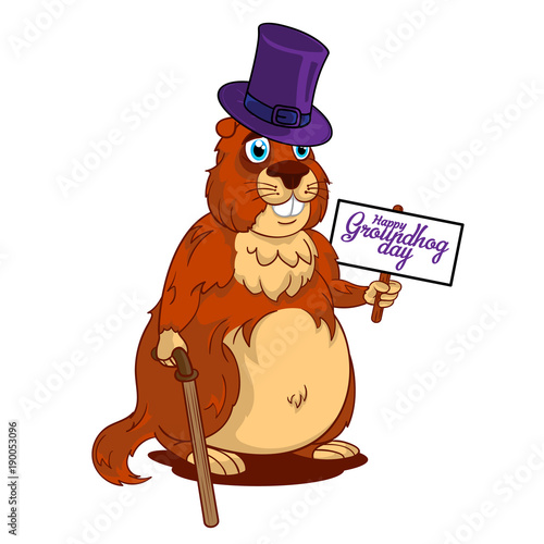 Cartoon Old Groundhog in a hat with cane and sign with text: Happy Groundhog Day. Vector illustration. Perfect for flyers, posters, vouchers, banners advertising design and other creative projects