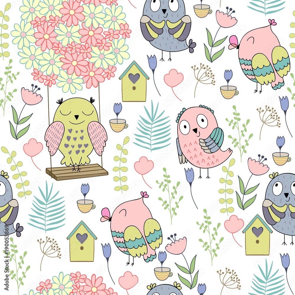 Fototapeta premium Seamless pattern with cartoon owls. Perfect for paper products, gift items and patterns, fabric design and others