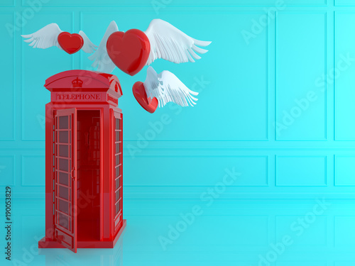 Red london telephone booth with red heart in blue room .Love travel london concept.3d render photo