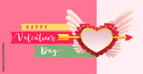 Happy valentines day text greeting card. Arrow pierced heart shape symbol of love