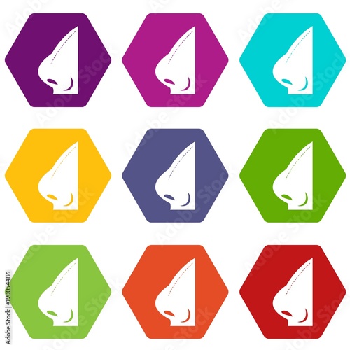 Rhinoplasty of nose icon set color hexahedron