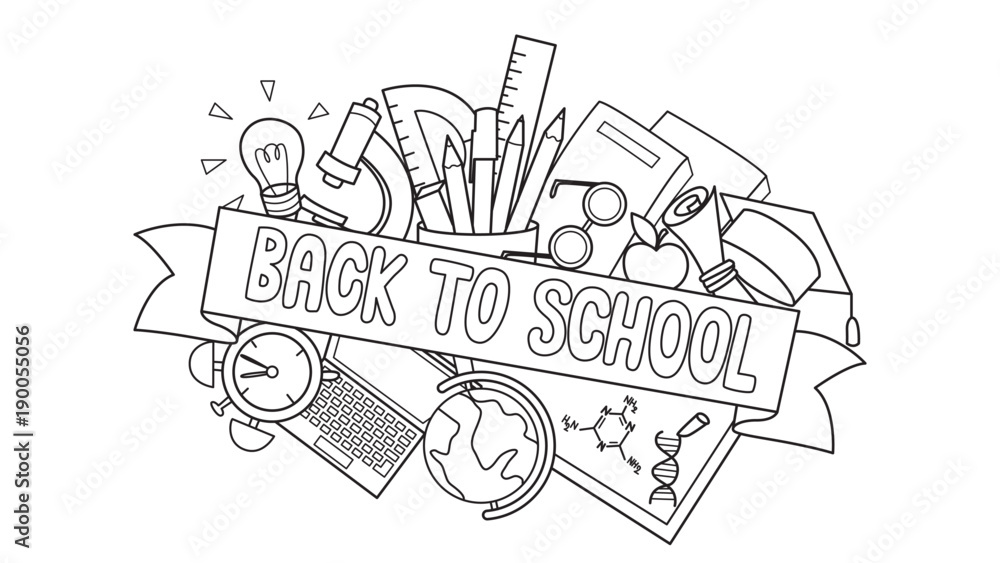 Coloring pages school supplies . Coloring book for kids. Vector  illustration Stock Vector