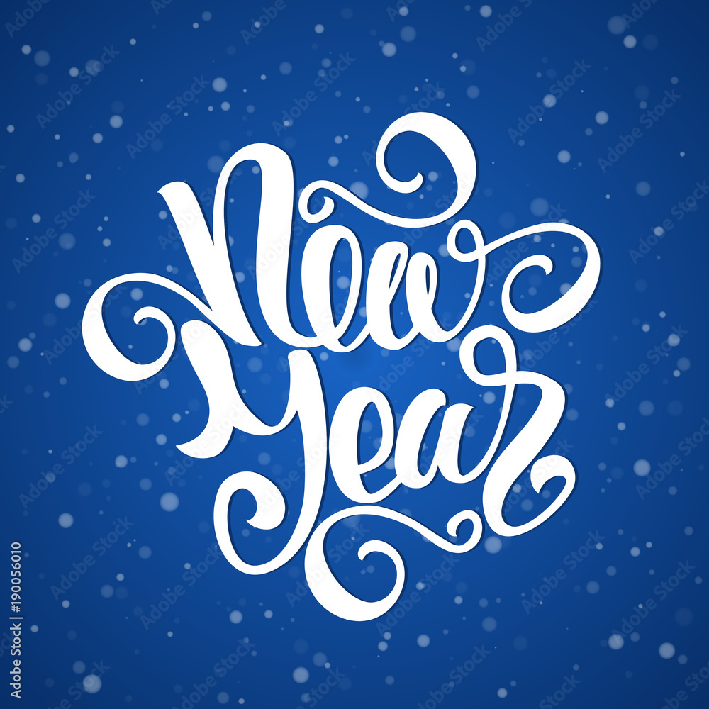 Vector illustration: Happy New Year elegant modern brush lettering on blue snowflake background