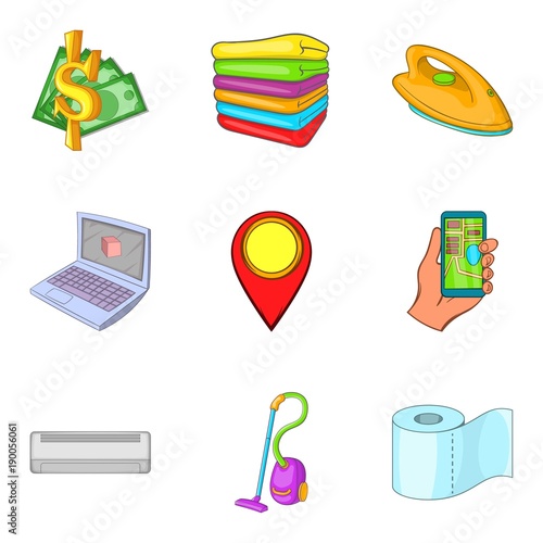 Stay overnight icons set, cartoon style