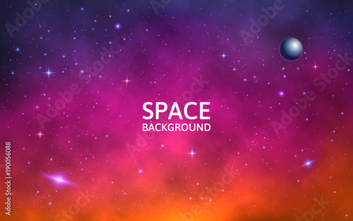 Space background. Colorful galaxy with nebula, planet and stars. Abstract futuristic backdrop. Stardust and shining stars. Vector Illustration for brochures and posters