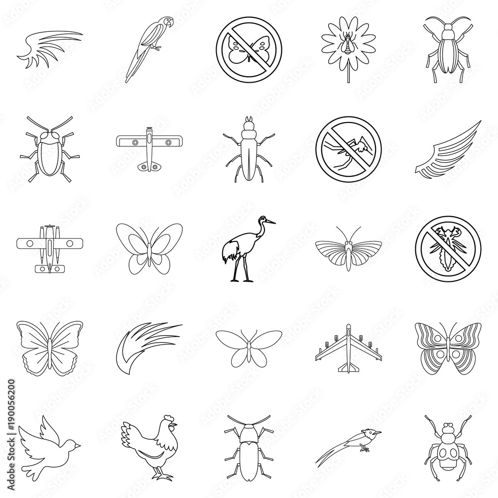 Fly voyage icons set, outline style Fly voyage icons set, outline style