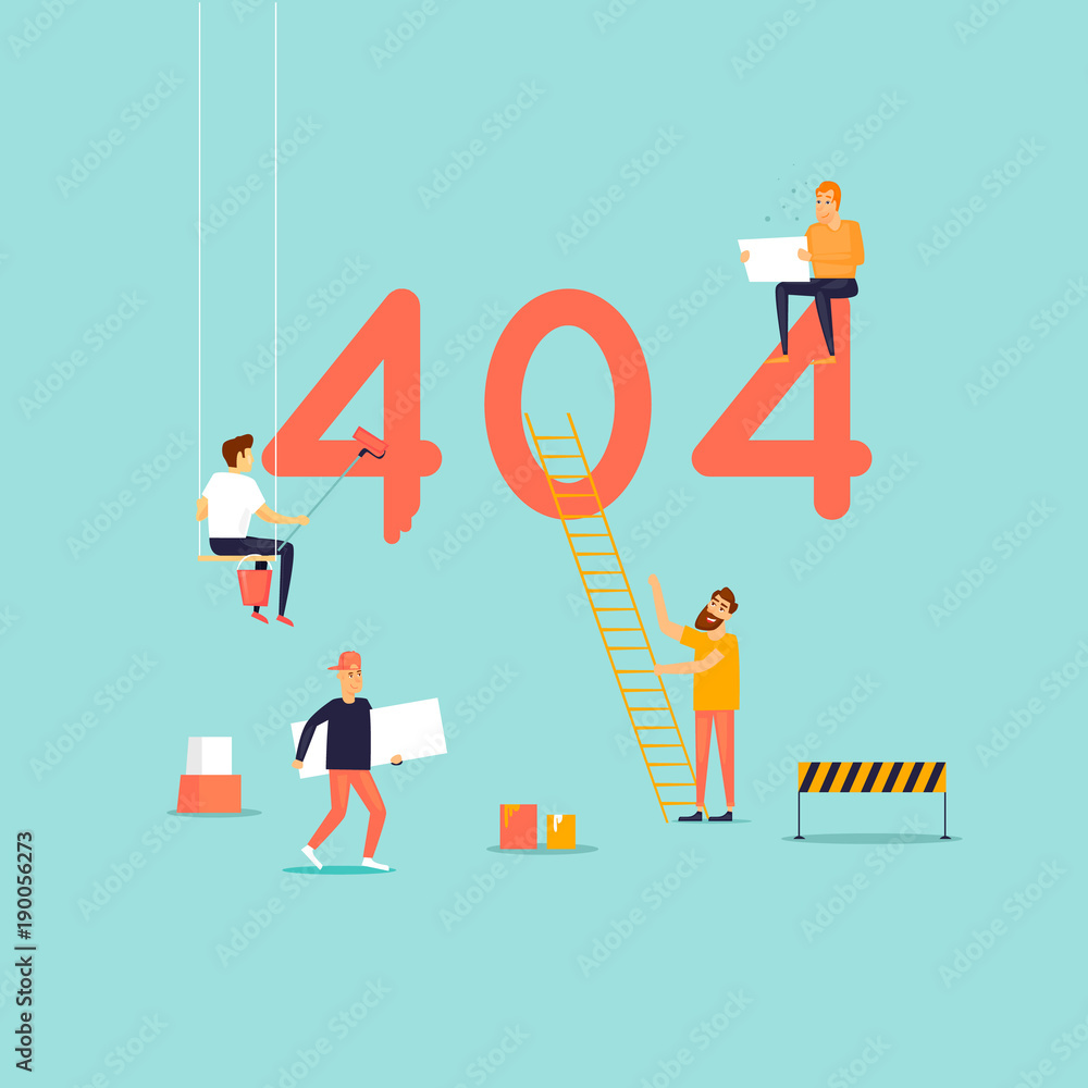 Naklejka Error 404 page. Builders, repair, crane, site. Flat vector illustration in cartoon style.