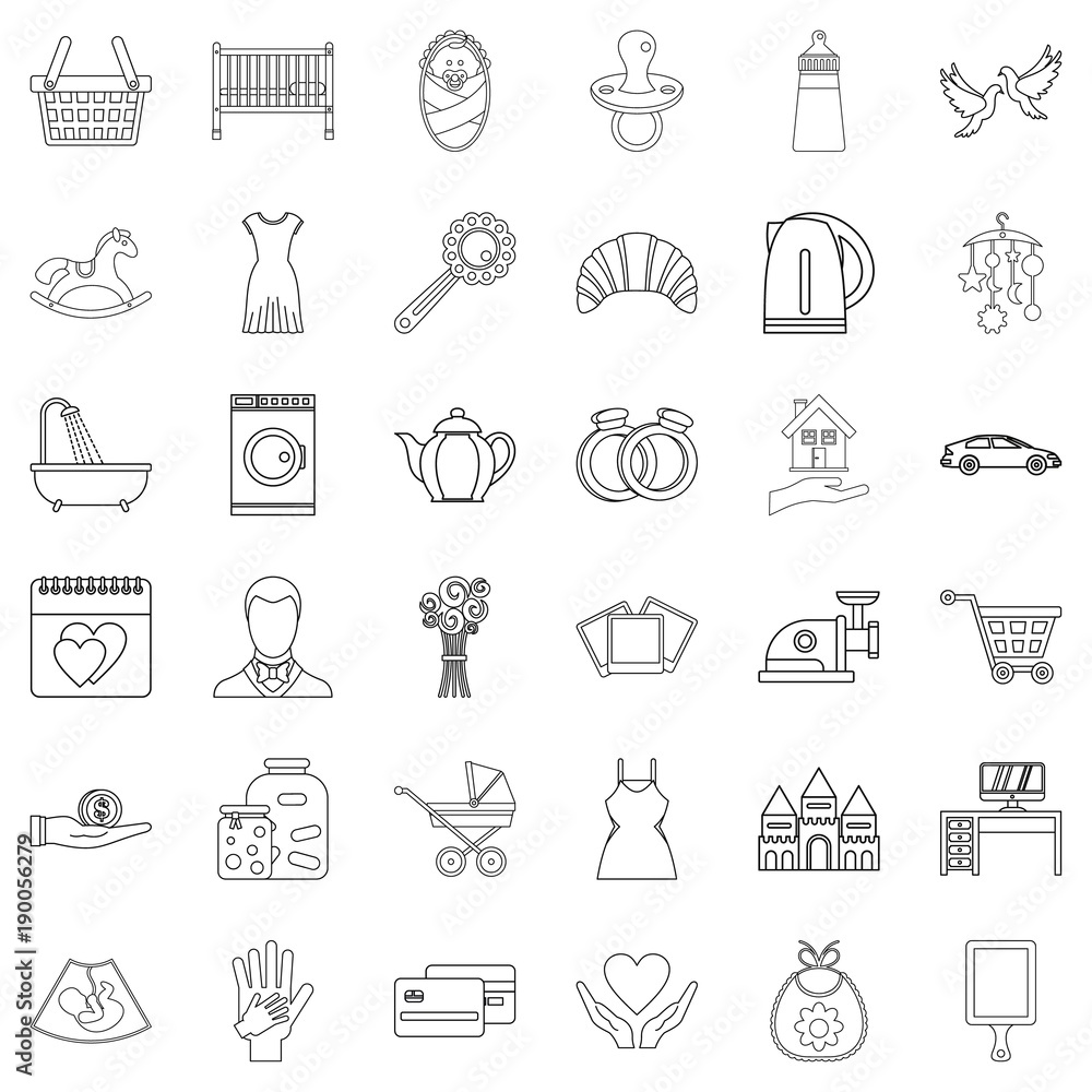 Married life icons set, outline style Married life icons set, outline style