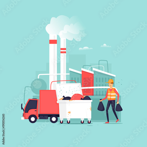 Garbage processing plant. Truck. Container with garbage. Flat vector illustration in cartoon style.