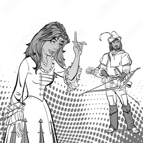Lady Marian and Robin Hood. Medieval legend. Medieval woman. A girl pointing a finger. A woman explaining something. Speaking woman. A girl giving advice.