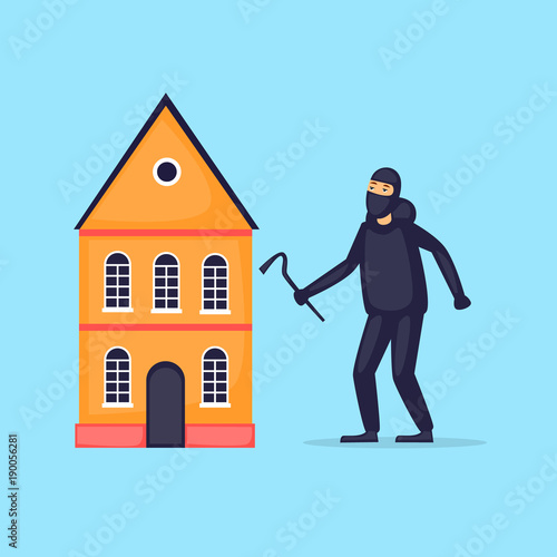 Thief breaks into the house. Flat design vector illustration.