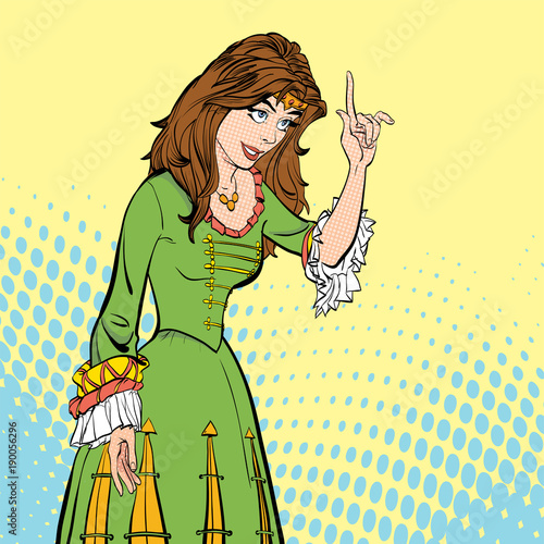 Lady in medieval dress. Medieval legend. Medieval woman. A girl pointing a finger. A woman explaining something. Speaking woman. A girl giving advice.