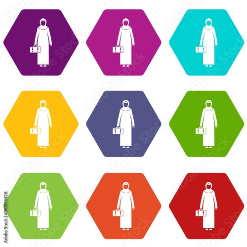 Arabic woman icon set color hexahedron