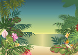 Background with tropical plants and flowers. Dawn on the beach