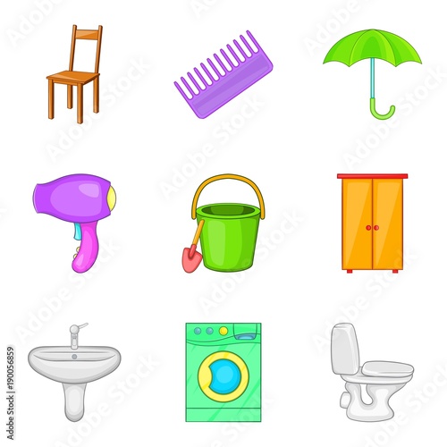 Room work icons set, cartoon style