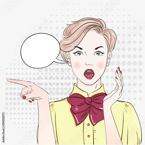 Pop Art Vintage advertising poster comic girl points aside . Comic woman with speech bubble. Vector illustration