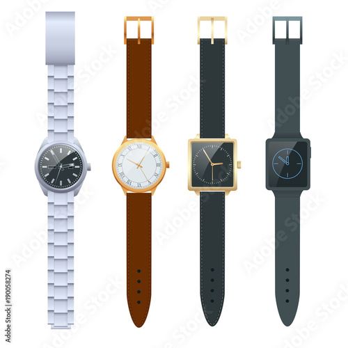 Time on a wrist watch. Vector Set of men s watches. Classic watches isolated on white vector set.