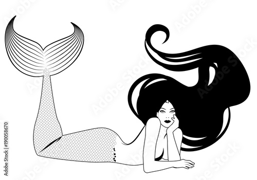Mermaid isolated with long mane lying with her face resting on one hand