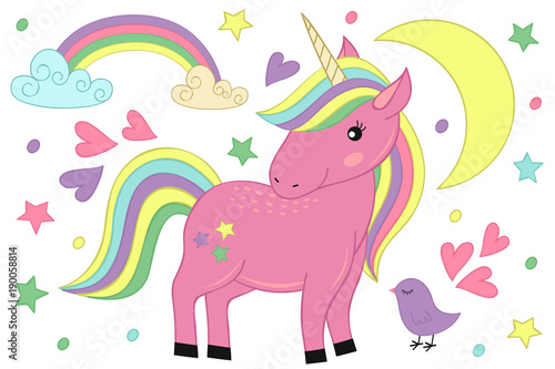 Obraz na płótnie magic unicorn and bird - vector illustration, eps