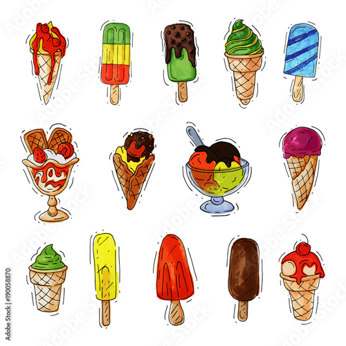 Ice cream vector icy cream or icecream in cone with chocolate and vanilla and iced creamer dessert on scoop illustration icing candy with creamer set isolated on white background