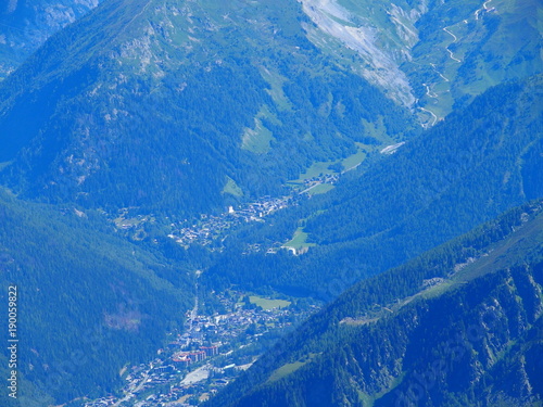 CHAMONIX MONT BLANC village in valley seen from AIGUILLE du MIDI peak at french Alps