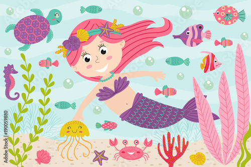mermaid underwater with nautical animals - vector illustration, eps
