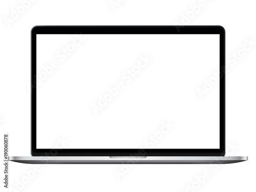 Modern open laptop with blank screen isolated on white background. Realistic laptop mockup. Computer screen front view. Vector illustration