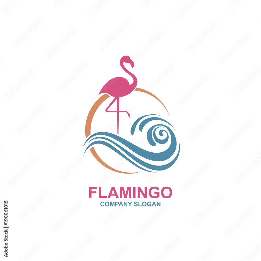 Fototapeta premium pink flamingo emblem with sun and waves