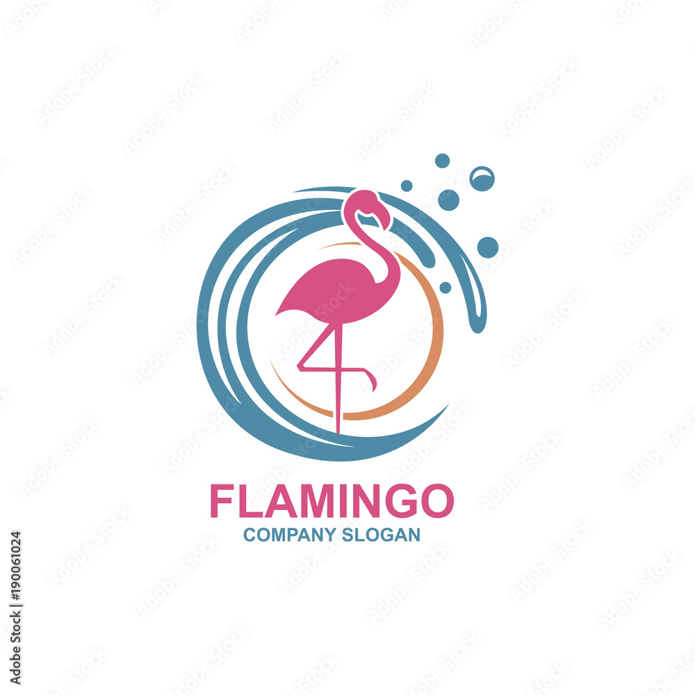 Fototapeta premium pink flamingo emblem with sun and waves