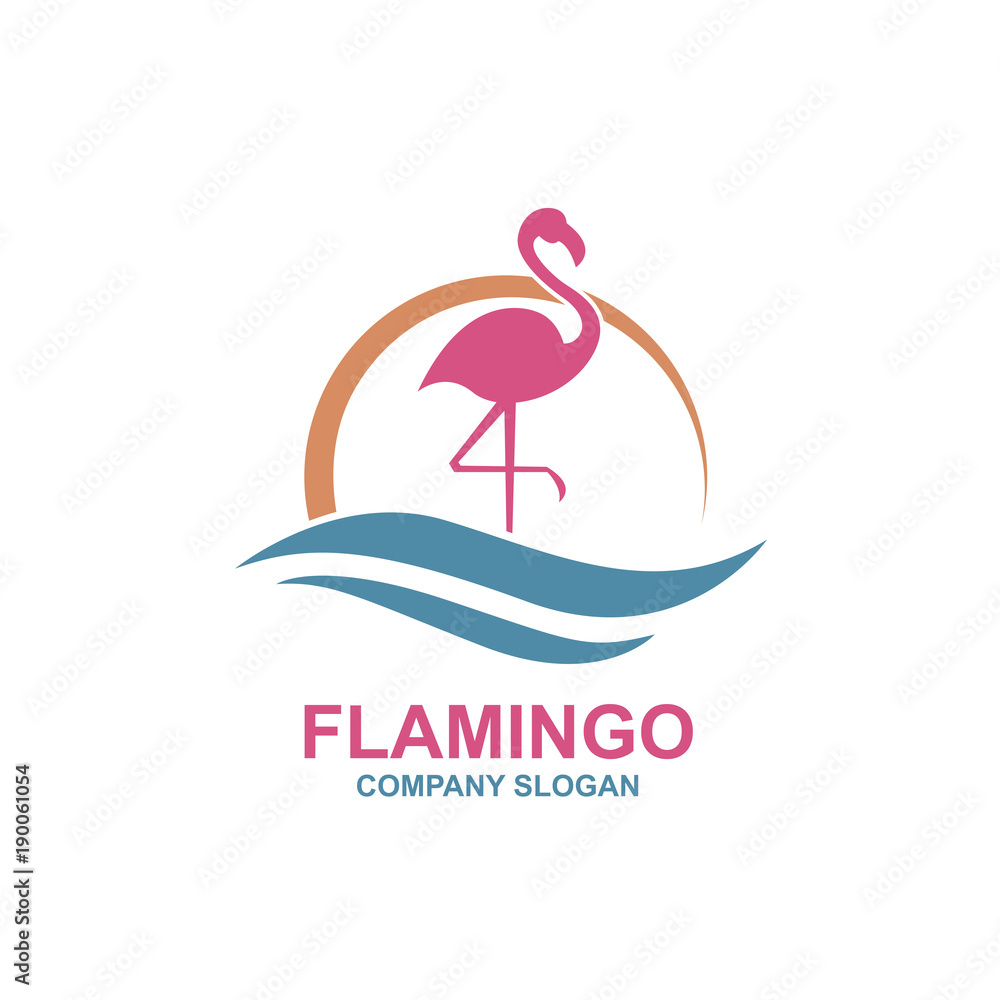 Naklejka premium różowy emblemat flaminga ze słońcem i falami