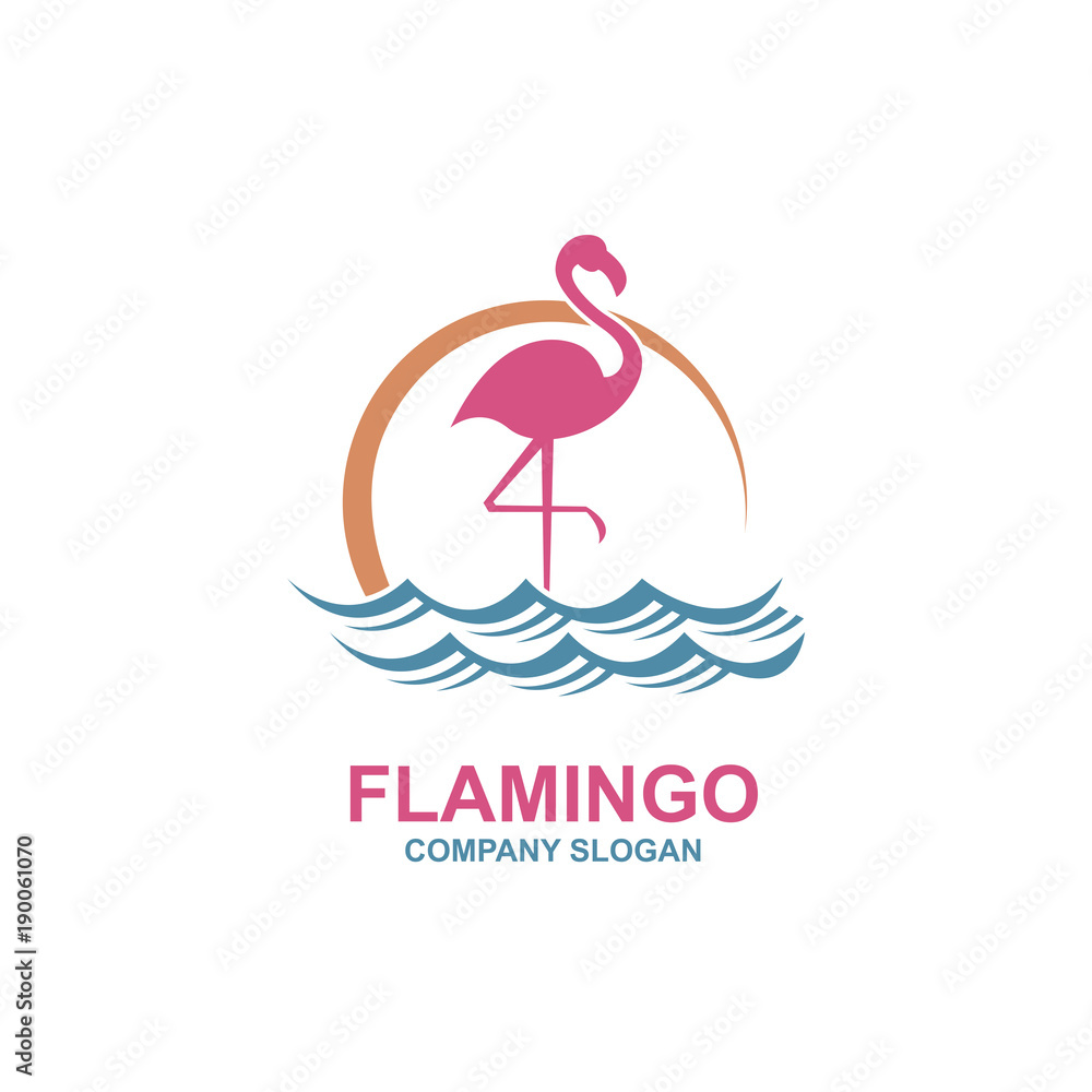 Fototapeta premium pink flamingo emblem with sun and waves