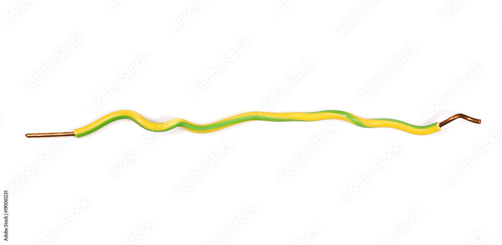 Green and yellow damaged, cut, insulated wire, cable isolated on white background, top view Green and yellow damaged, cut, insulated wire, cable isolated on white background, top view