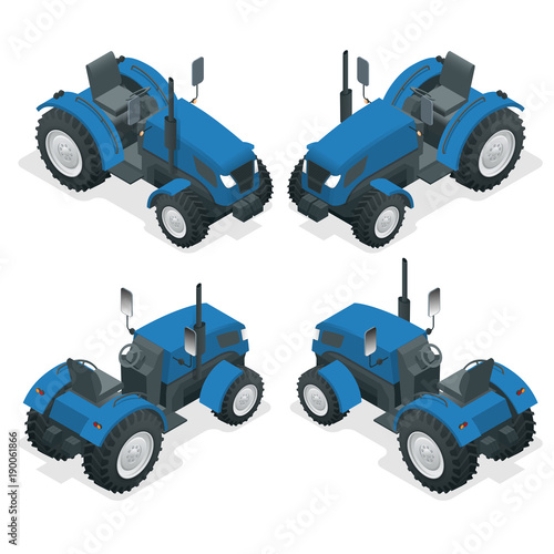 Isometric Tractor works in a field. Agriculture machinery. Plowing in the field. Heavy agricultural machinery for fieldwork. Vector illustration.