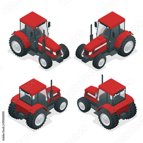 Isometric Tractor works in a field. Agriculture machinery. Plowing in the field. Heavy agricultural machinery for fieldwork. Vector illustration.