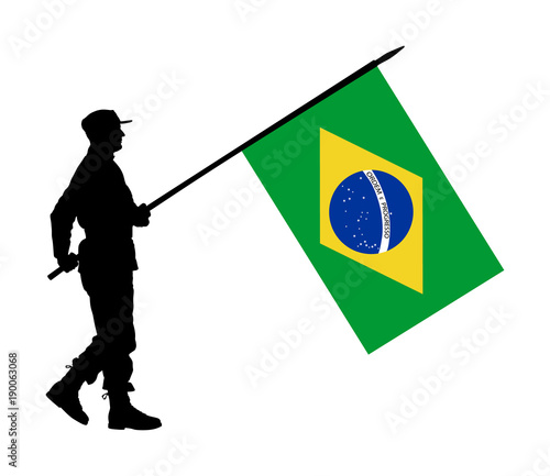 Brazilian soldier with flag vector silhouette illustration. Ceremonial day of independence. Memorial army saluting, national veteran day. Battle for freedom ceremony. Military walk for Brazil liberty.
